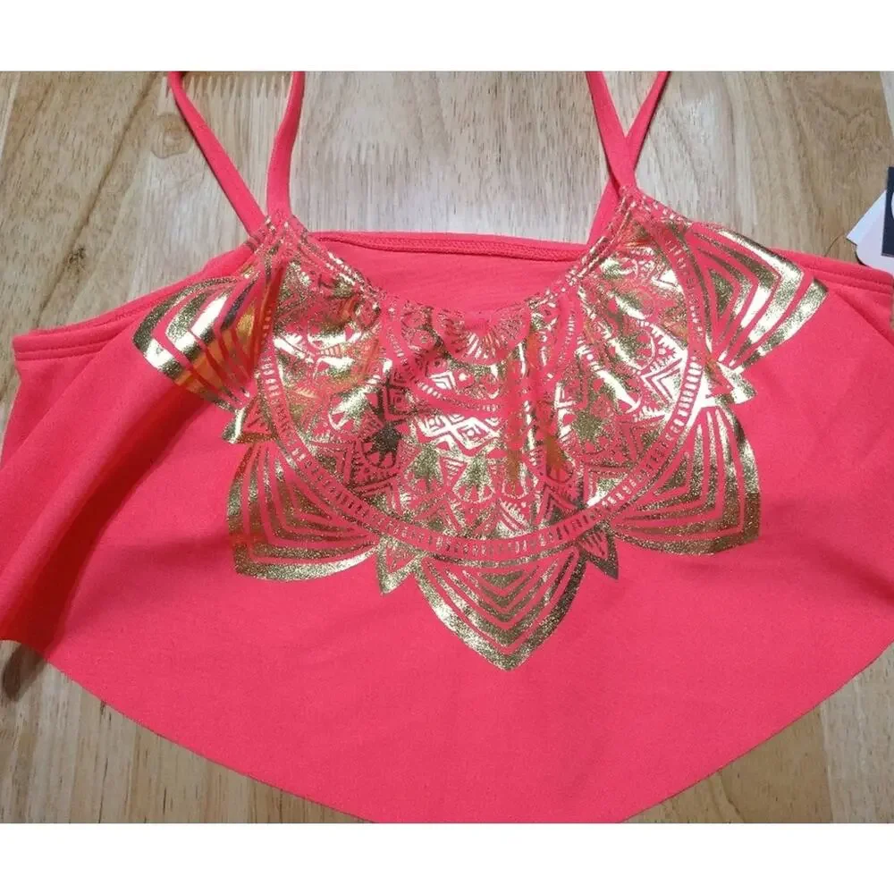 Glitter Beach Big Girls Flounce Bikini Top Foil Print, Coral Pink‎ Size 14